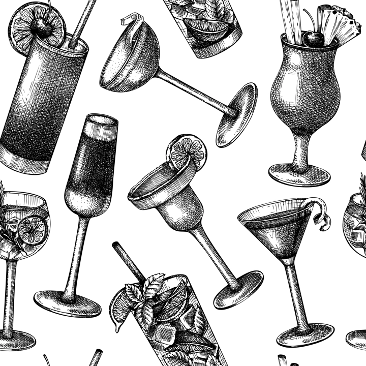 Alcoholic cocktails seamless pattern. Hand-sketched alcoholic drinks glasses background. Popular alcohol cocktails backdrop for bar or restaurant menu isolated on white